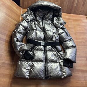 SAM. Girls' Soho belted down puffer jacket in a gunmetal/silver size 10